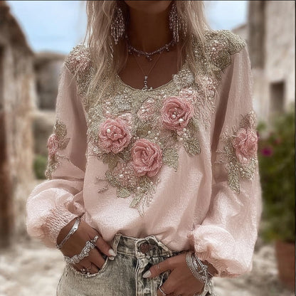 Women's Soft Rose Vintage Pink Round Neck Cotton And Linen Top