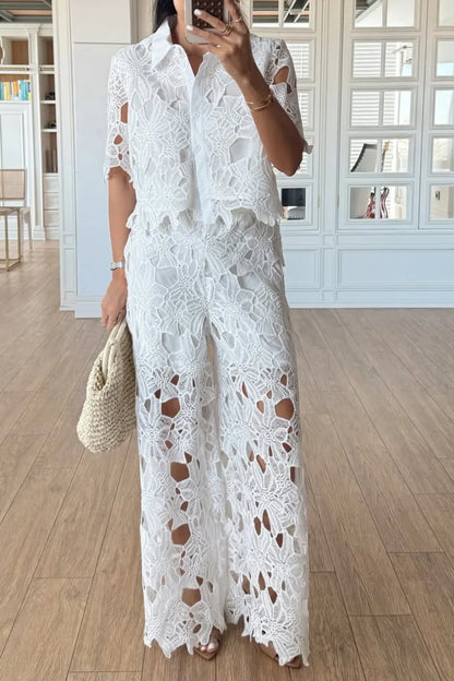 Floral Lace Shirt Wide Leg Pants Two-Piece Set