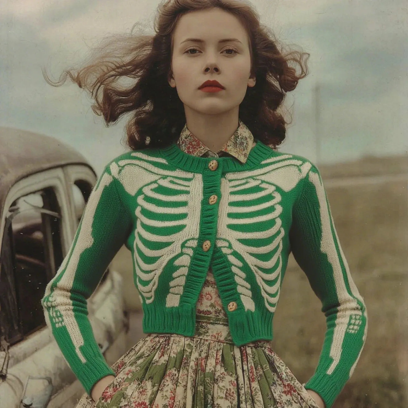 Women's Vintage Skull Ribs Pattern Cozy Knit Sweater Cardigan