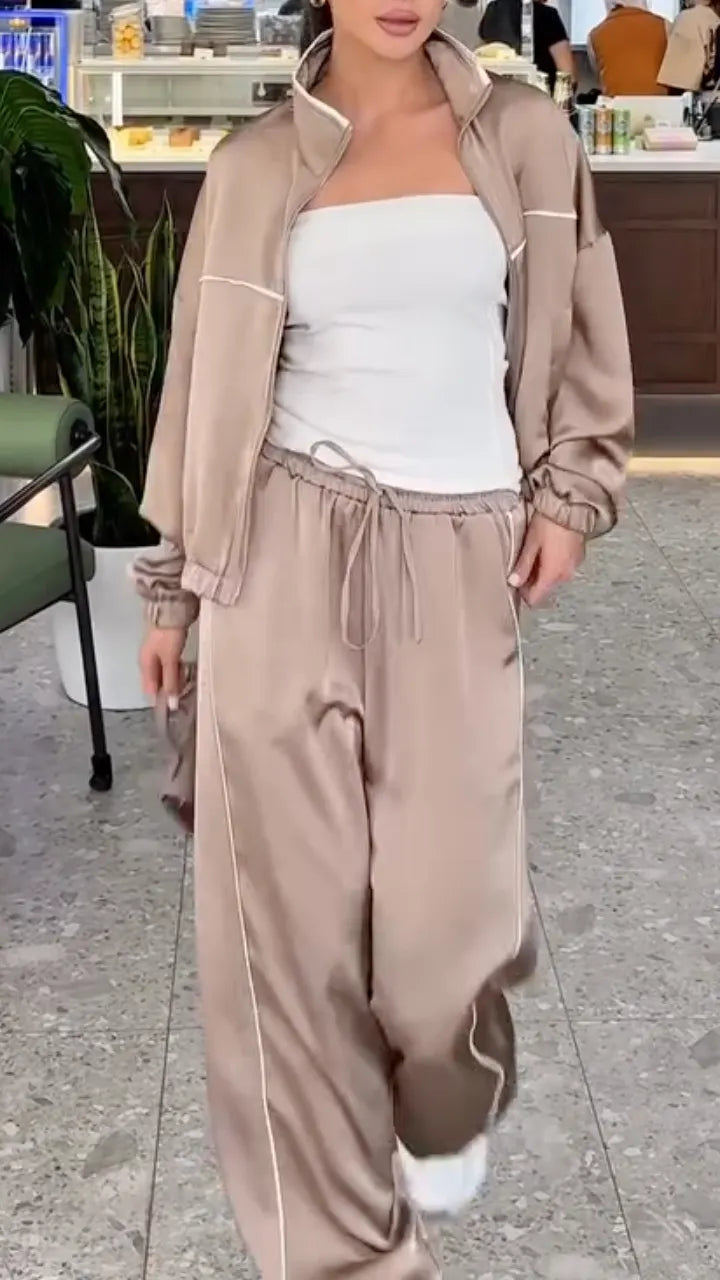 Khaki Satin Casual Sportswear 2-Piece Set