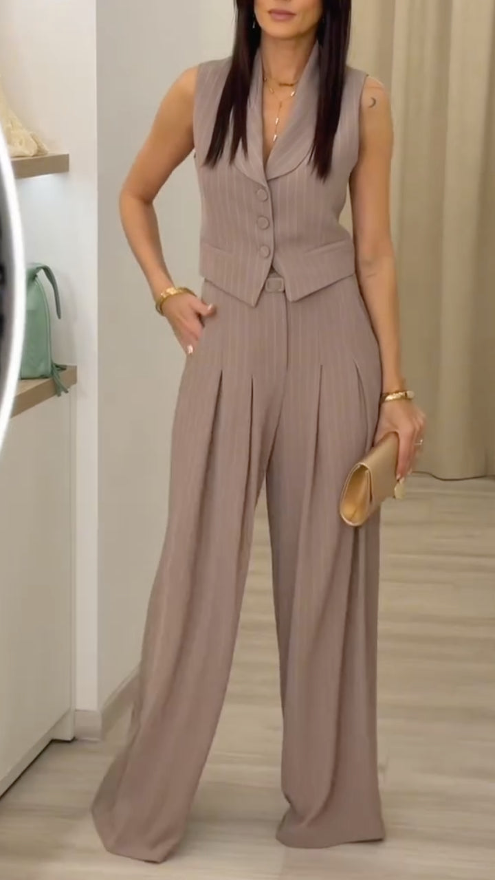 Taupe Pinstripe Sleeveless Vest & High Waist Wide Leg Pants Set