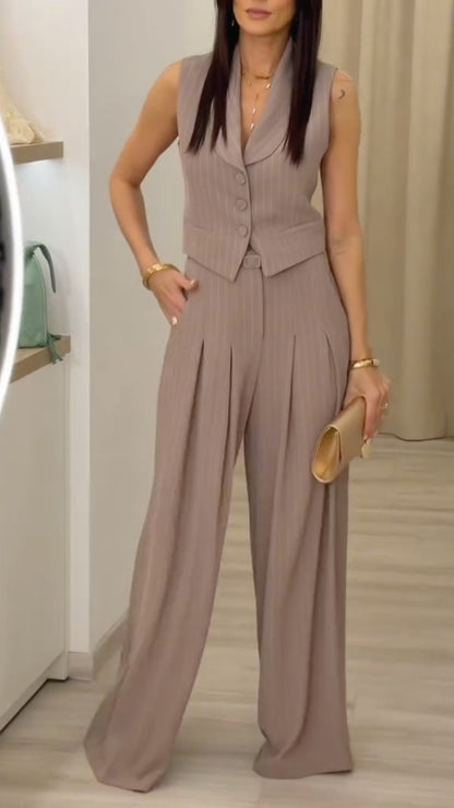 Taupe Pinstripe Sleeveless Vest & High Waist Wide Leg Pants Set
