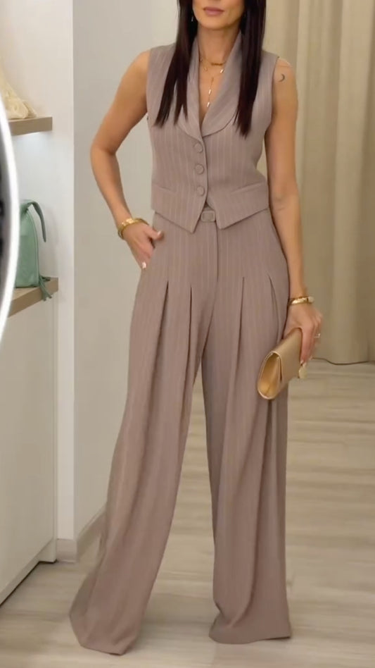 Taupe Pinstripe Sleeveless Vest & High Waist Wide Leg Pants Set