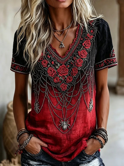 Vintage Gothic Spider Flower Embroidery V Neck Short Sleeve Top