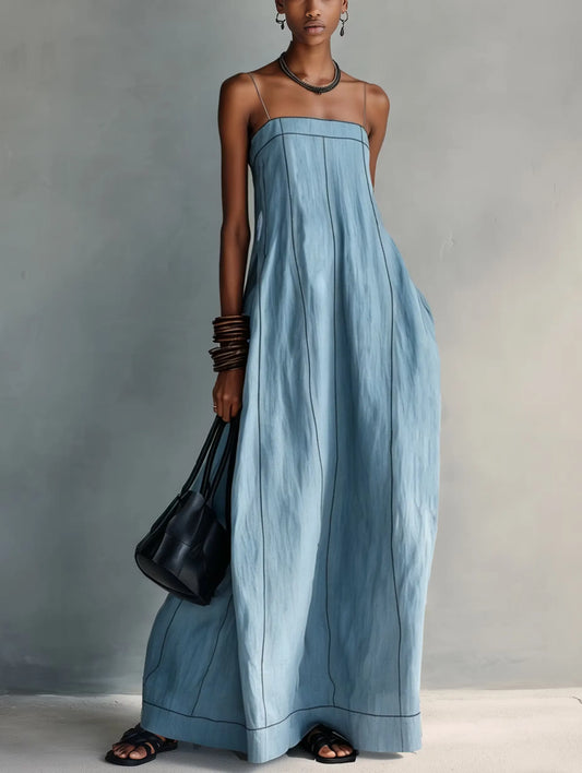 Blue Casual Cotton Linen Spaghetti Strap Maxi Dress