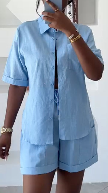 Women's Collared Shirt And Shorts Casual Suit