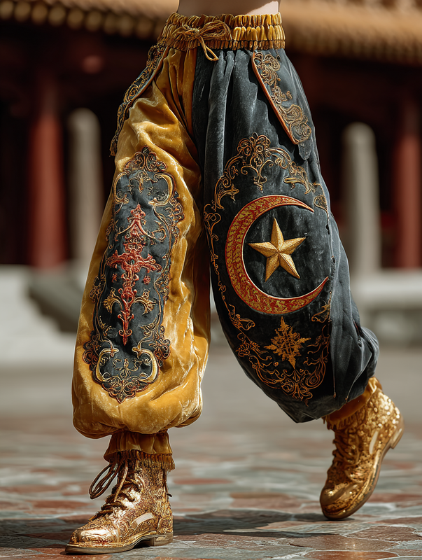 Autumn Color-Contrast Star and Moon Patchwork Color-Contrast Pants c237