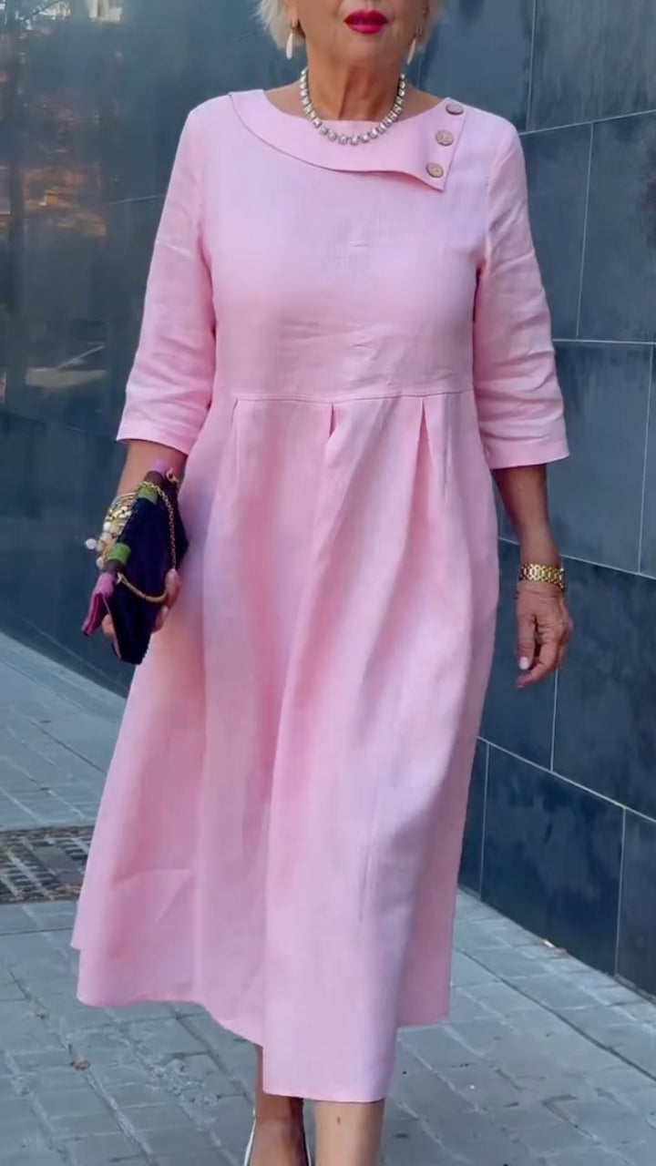 Pink Linen-Blend A-Line Midi Dress