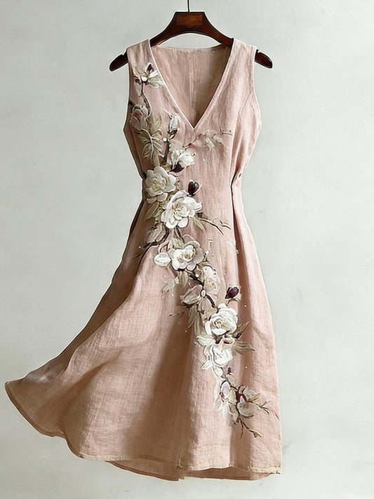 Women's Vintage Rose And Plum Blossom Pattern Casual Linen Blend Dress