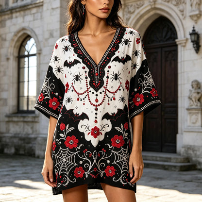 Gothic Spider Bat Red Flower Beaded Mini Tunic Dress