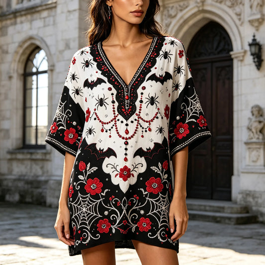 Gothic Spider Bat Red Flower Beaded Mini Tunic Dress