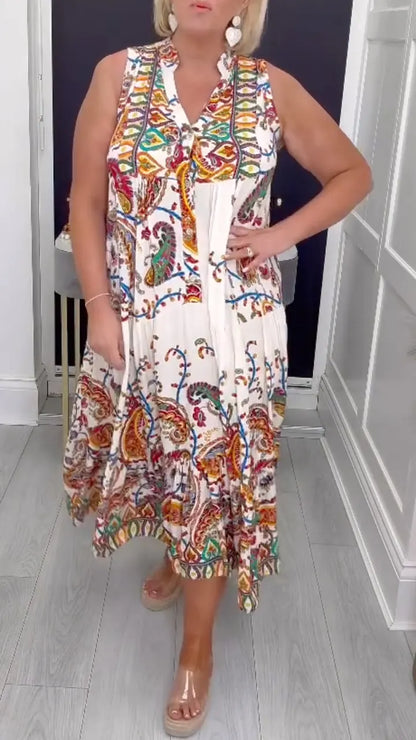 Colorful Paisley Print Sleeveless Midi Dress