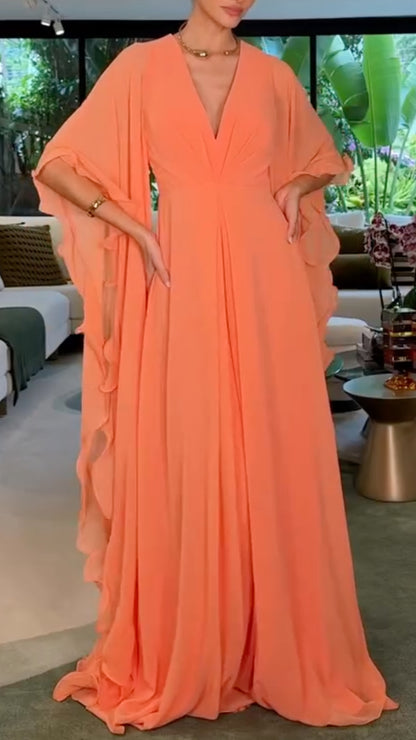 Orange Chiffon Cape-Sleeve Gown