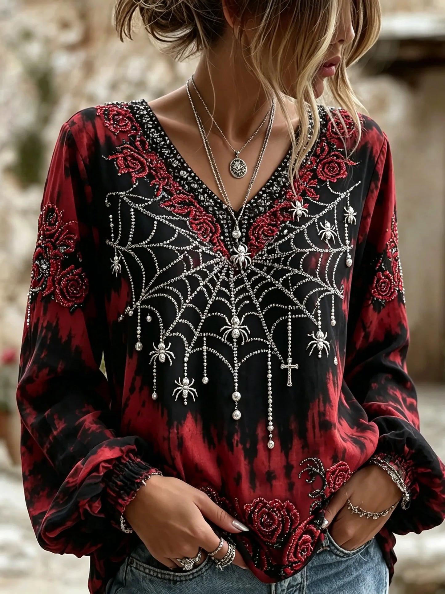 Women's Rose Flowers Spider Web Art Print Flowy Linen Blend Long Sleeve Casual Tops