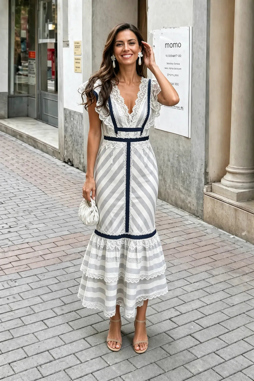 Striped Lace Ruffle Deep V Neck Midi Dress