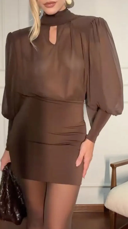 Mock Neck Puff Sleeve Bodycon Mini Dress