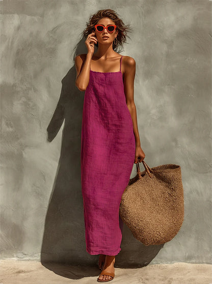 Linen Spaghetti Strap Maxi Dress with Square Neck
