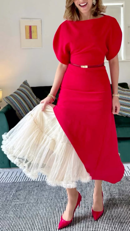 Round-Neck Puff-Sleeve Dress + Fluffy Skirt