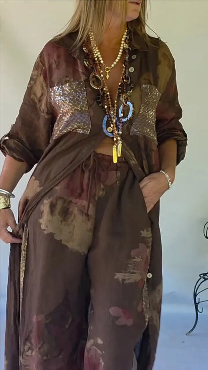 Women's Printed Cotton-Linen Set with Sequin and Patchwork Details