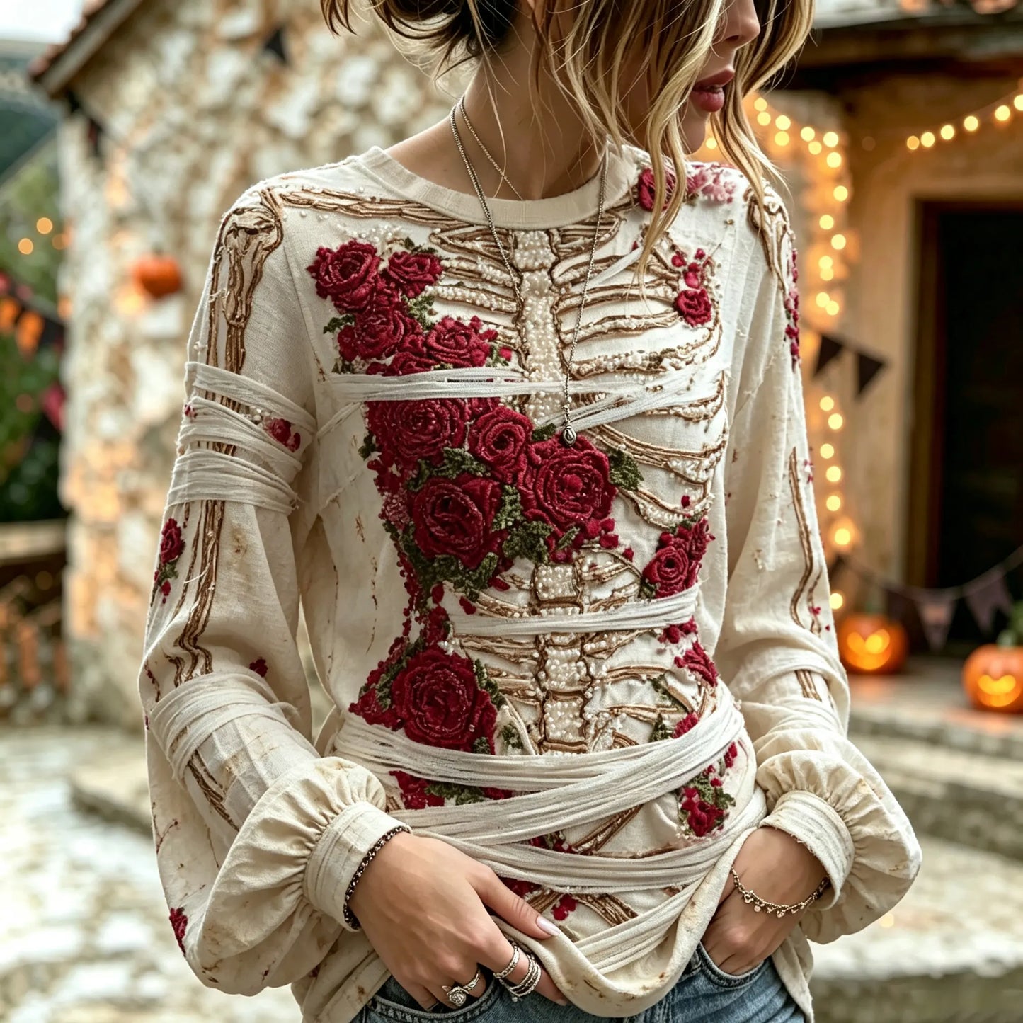 Women's Retro Halloween Bloody Human Skeleton With Floral Art Casual Long Sleeve Tops