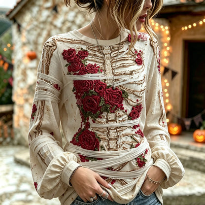 Women's Retro Halloween Bloody Human Skeleton With Floral Art Casual Long Sleeve Tops