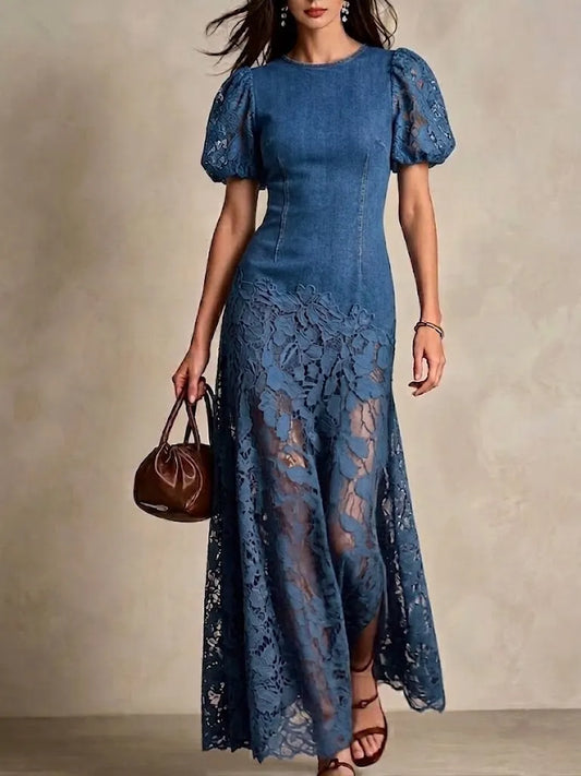 Stylish And Elegant Slim-fit Denim Dress With Spliced embroidered Lace