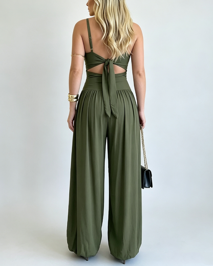Waist Cutout Tie-Back Flowy Wide Leg Jumpsuit