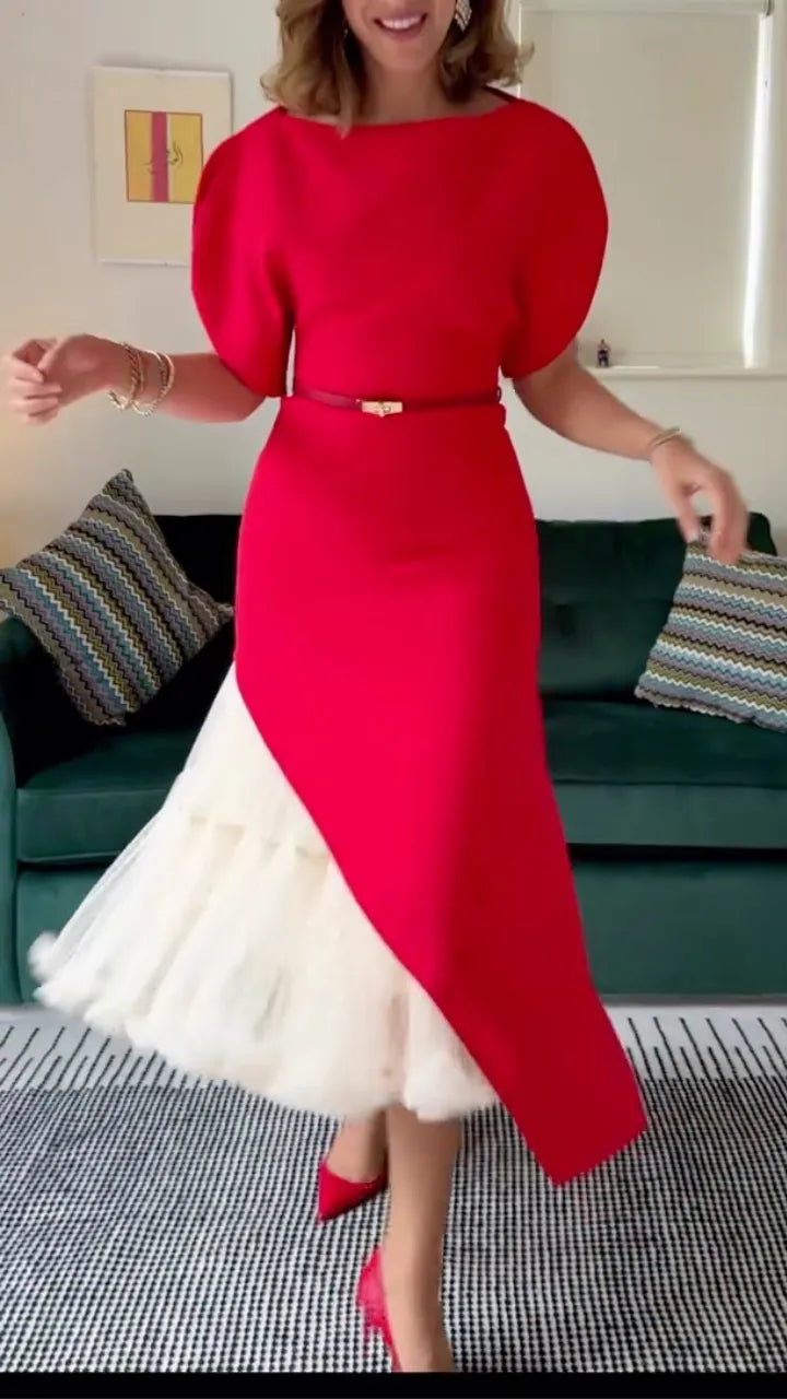 Round-Neck Puff-Sleeve Dress + Fluffy Skirt