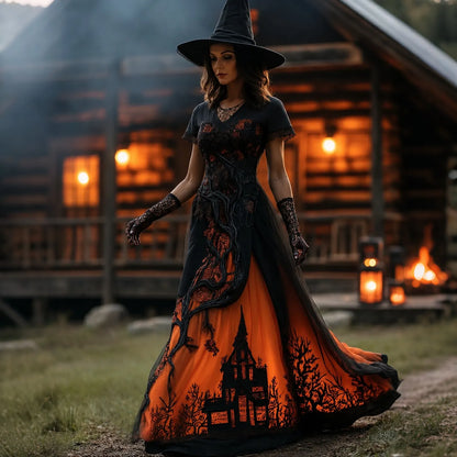 Women's Halloween Gradient Treehouse Design Witch V-neck Short Sleeves Maxi Dress