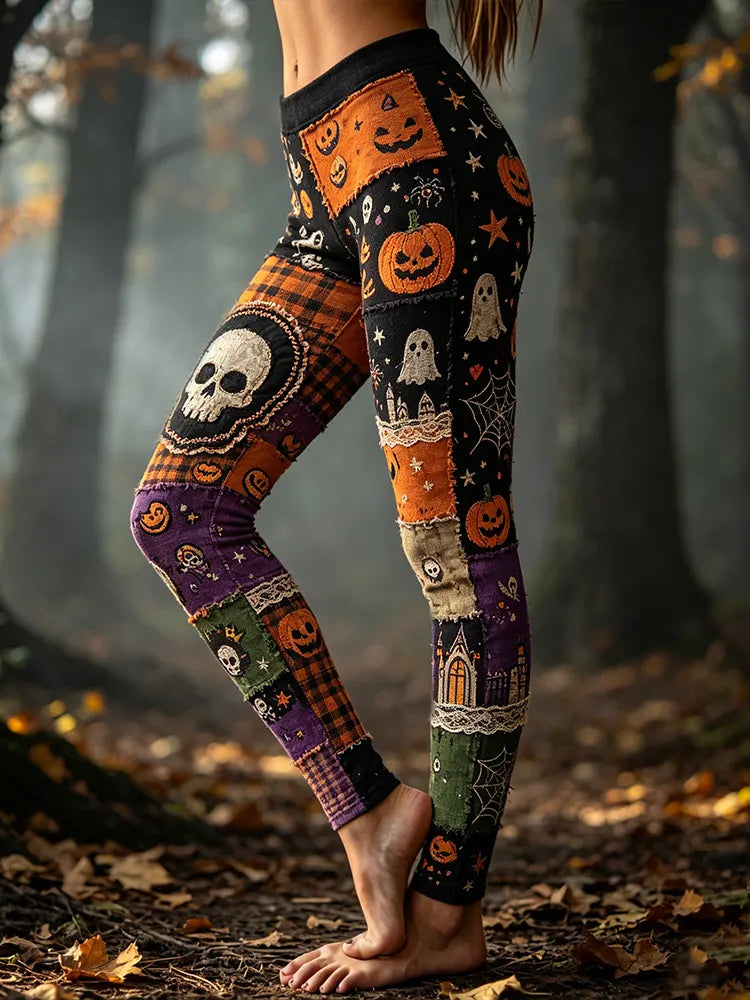 Women's Halloween Stitched Skeleton Color-block Patchwork Comfortable Slimming Leggings