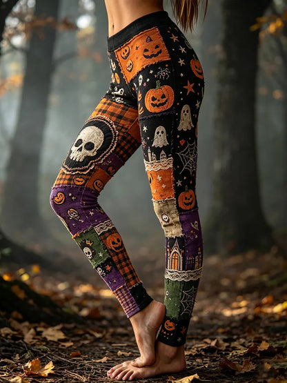 Women's Halloween Stitched Skeleton Color-block Patchwork Comfortable Slimming Leggings