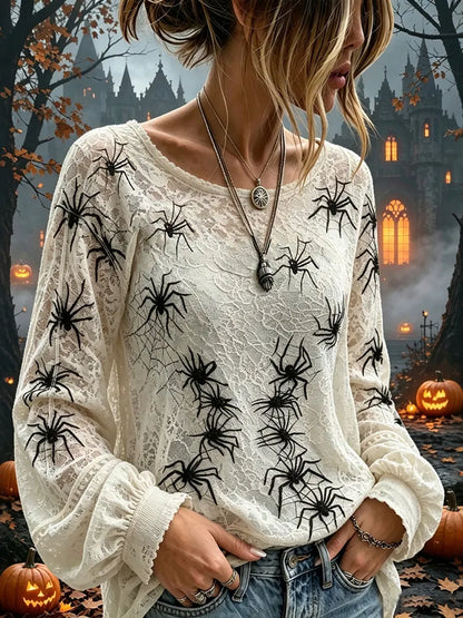 Women's Dark Halloween Spider Lace Design Long-sleeve Cotton Linen T-shirt