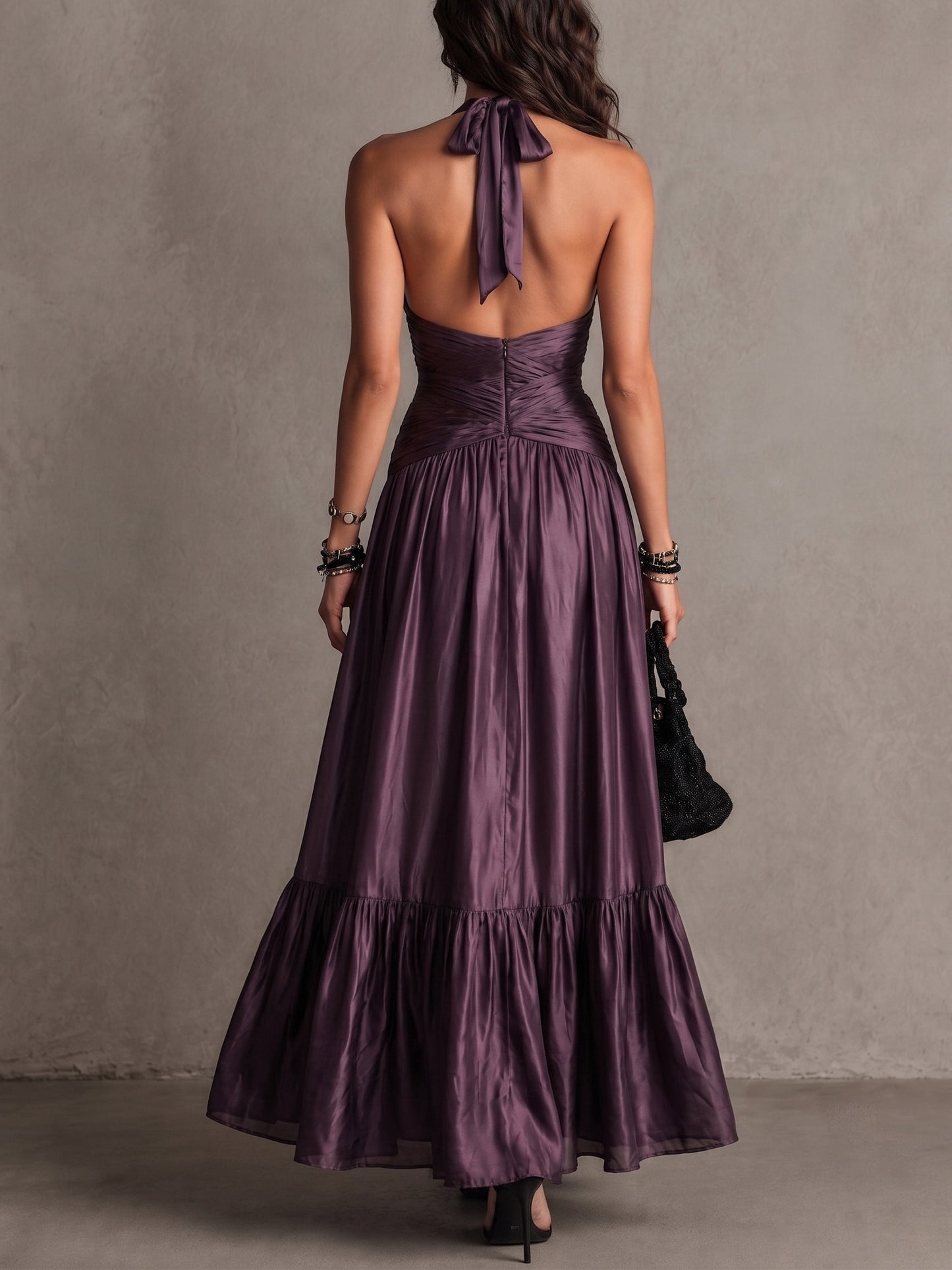 Elegant Purple Satin Halter Neck Pleated Maxi Dress