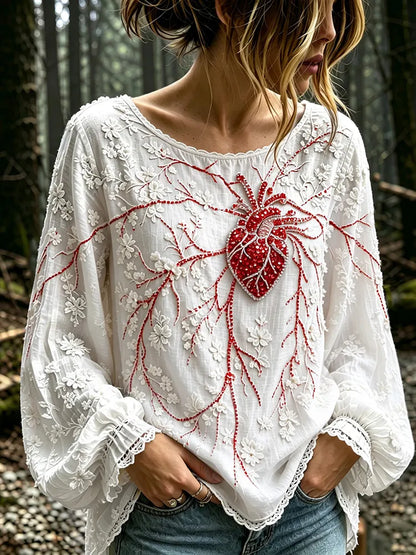 Women's Vintage Floral With Heart Anatomy Rhinestones Art Long Sleeve T-shirt