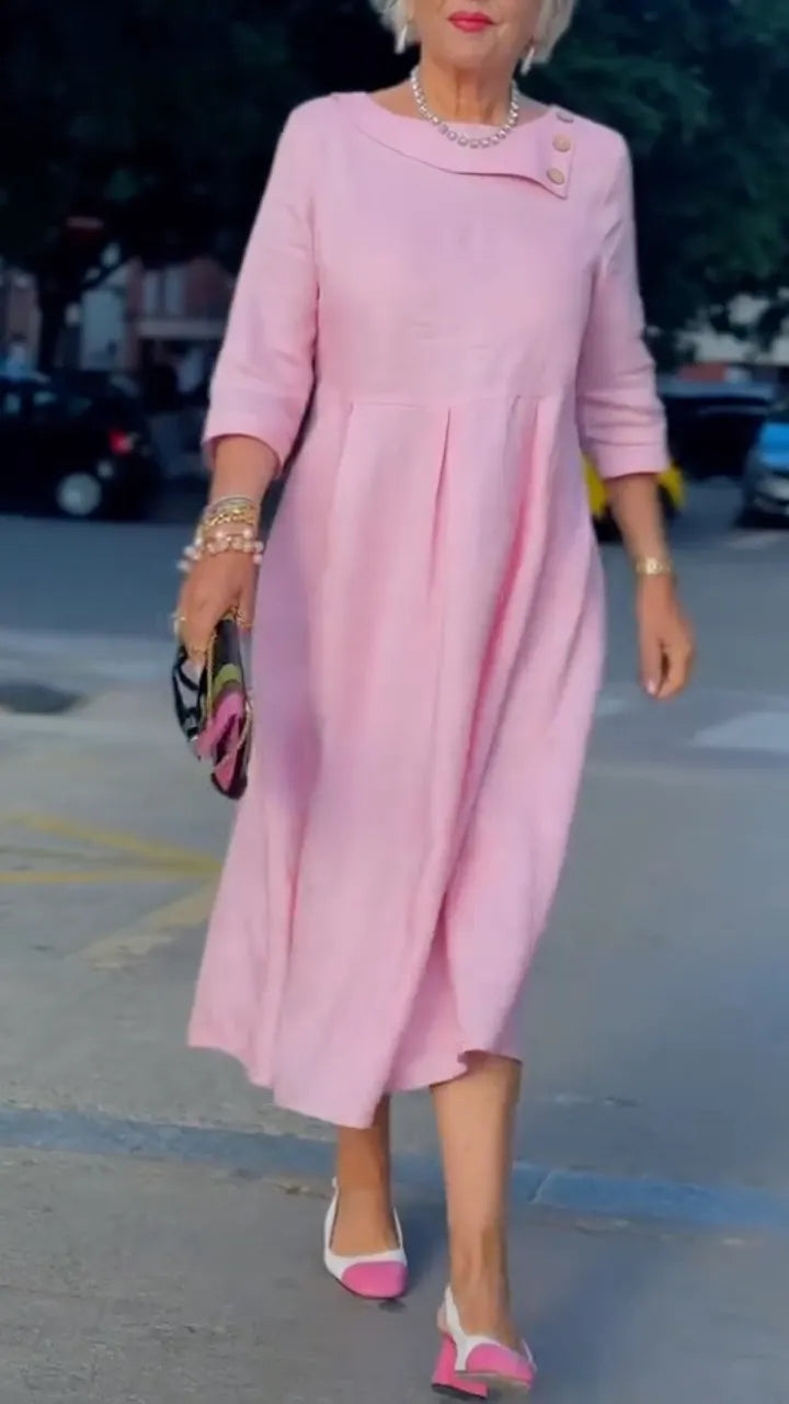 Pink Linen-Blend A-Line Midi Dress