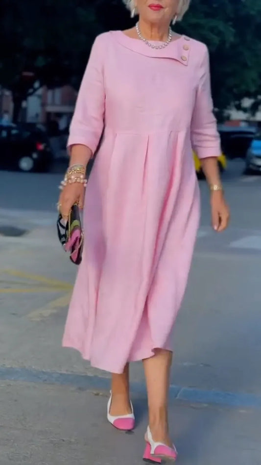 Pink Linen-Blend A-Line Midi Dress