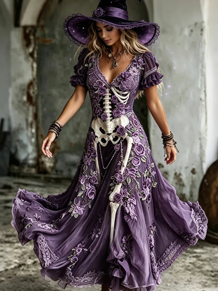 Women's Vintage Skull And Rose Embroidered Art V-neck Short Sleeve Maxi Dress