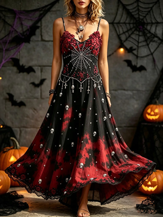Women's Halloween Spider Skull Flower Art Linen Blend Sleeveless Dress