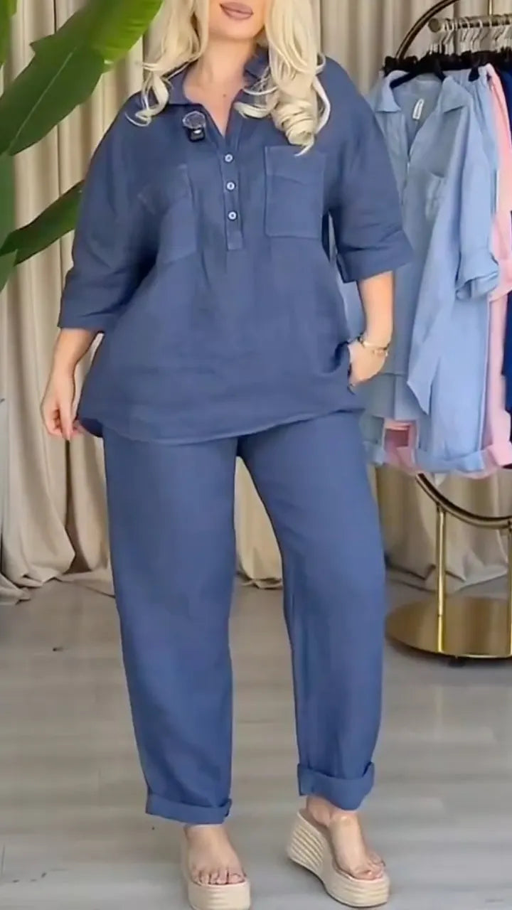 Blue Linen-Blend Button-Down Shirt & Pants Set