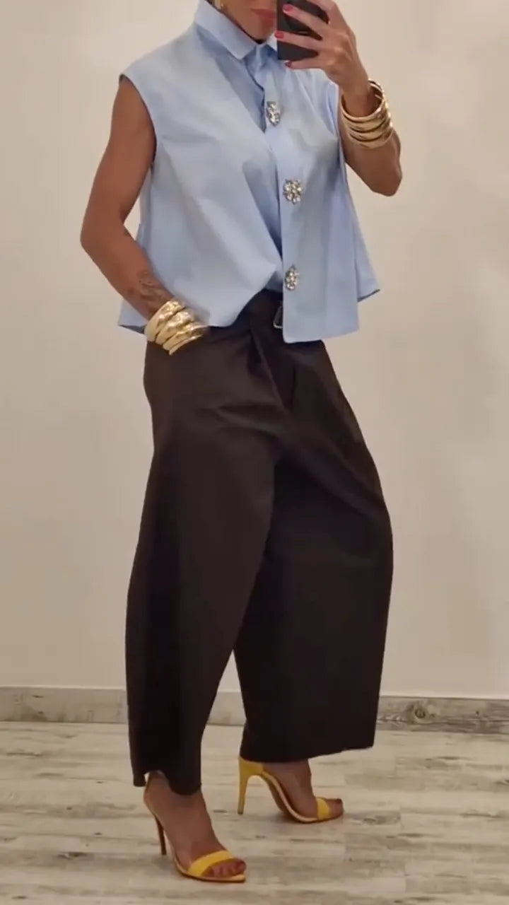Crystal Button Sleeveless Shirt & Barrel Pant Matching Set