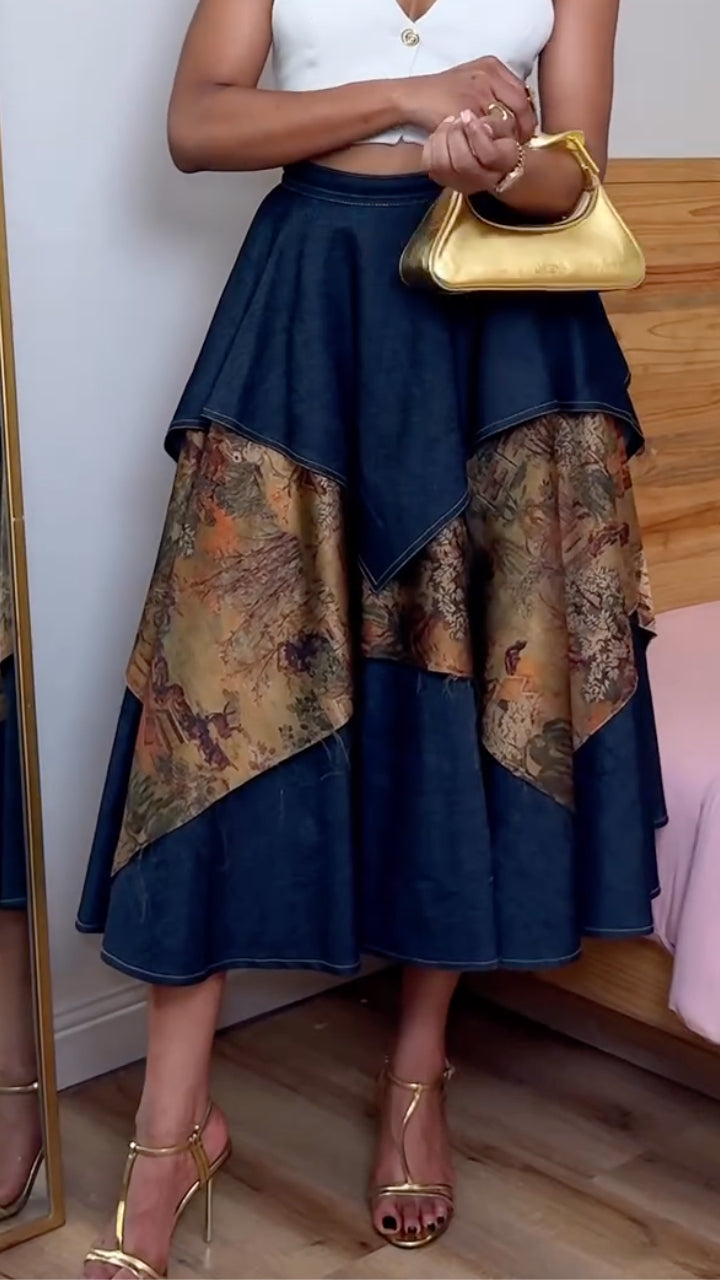 Dark  Irregular Ruffle Layered Vintage Printed High Waist Midi Skirt