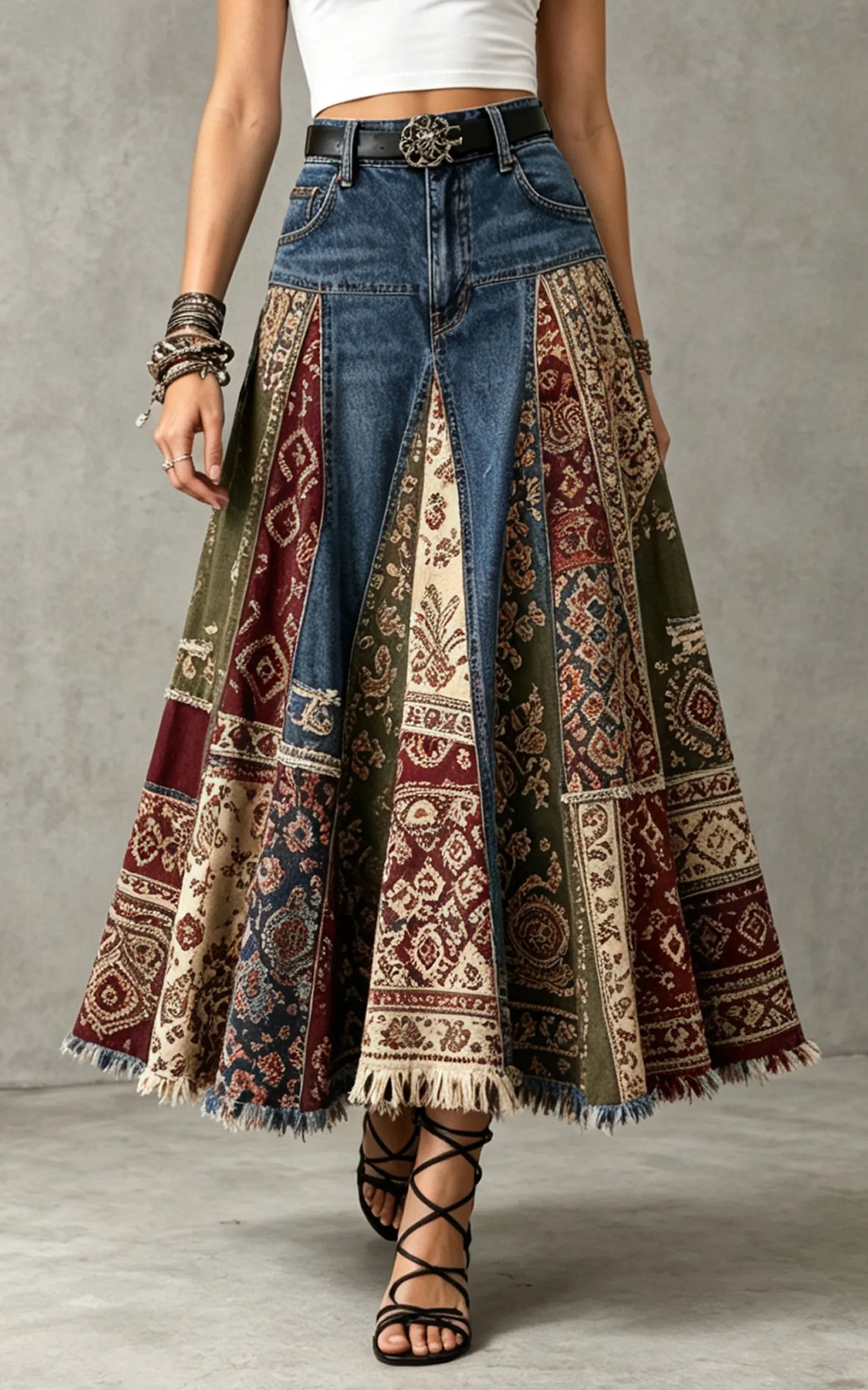 Bohemian Patchwork Denim Maxi Skirt