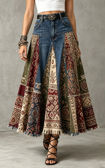Bohemian Patchwork Denim Maxi Skirt