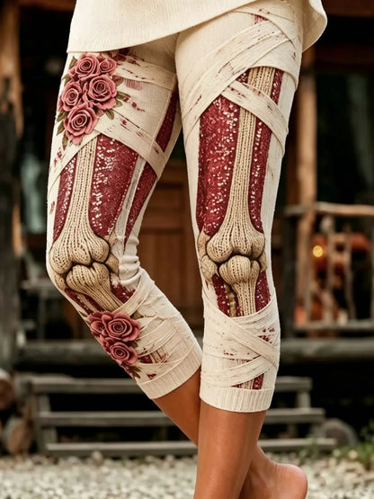 Women's Halloween Rose Skull Print Skinny Capri Pants