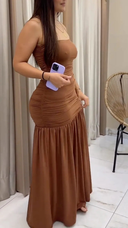 Brown Strapless Ruched Mermaid Maxi Dress