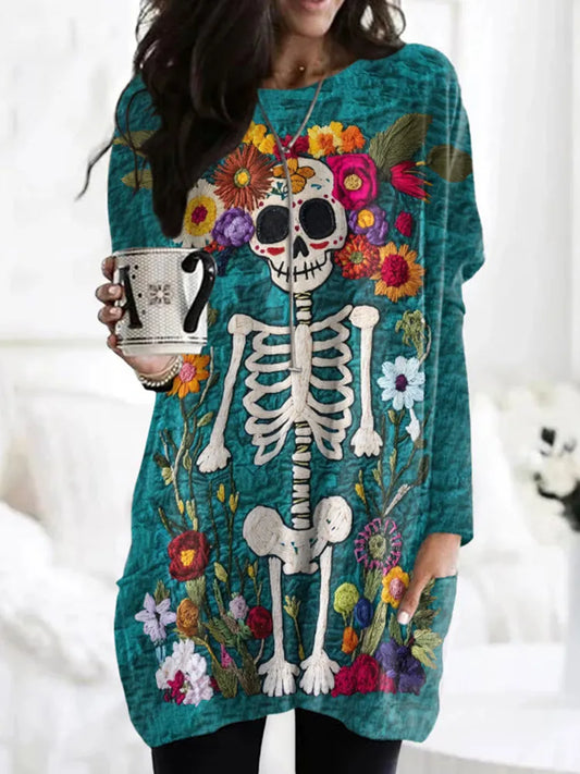 Retro Mexican Festive Day Of The Dead Skeleton Inspired Pattern Pocket Comfy Tunic