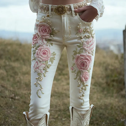 Bohemian Style Pink Rose Embroidery Pattern Women's Skinny Jeans