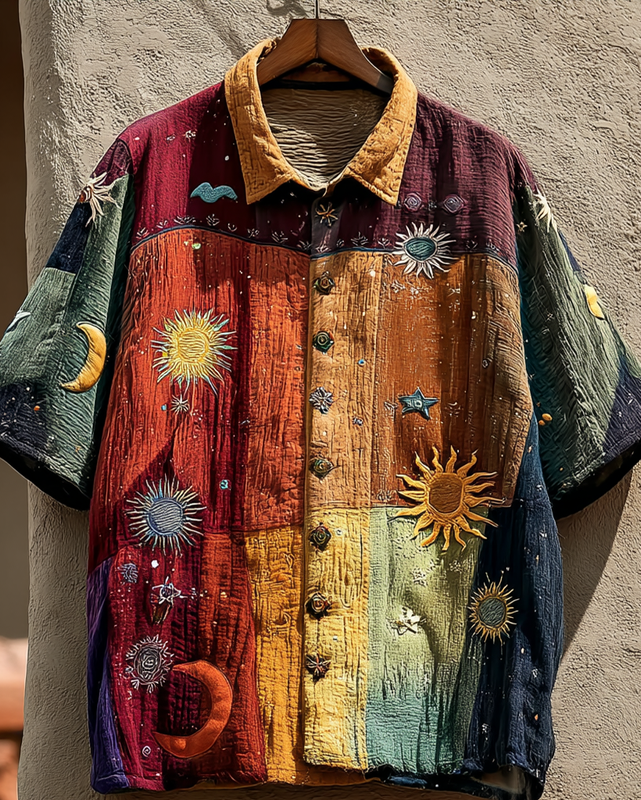 Men's star and moon embroidered rainbow contrast Shirt 5a8b