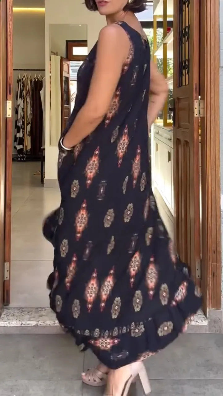 Black Sleeveless Geometric Print High-Low Dress