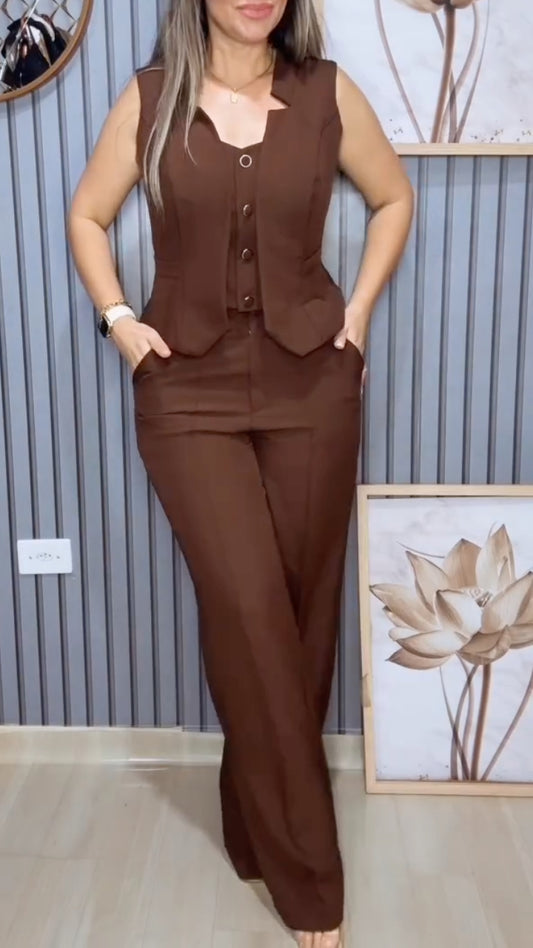 Sleeveless Vest & Wide Leg Pant Two‐Piece Suit